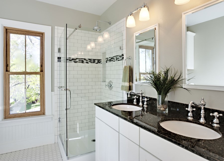 Black granite countertops with double vanity